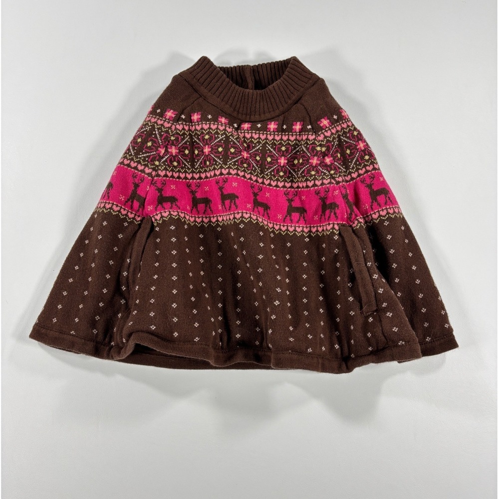 Vintage 2005 Gymboree Poncho Fair Isle Reindeer Capelet Sweater Pockets Brown 2T - Picture 4 of 11